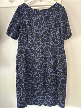 Boden Navy Blue and Black Floral Midi Sheath Dress Size 16 Lined Short Sleeve